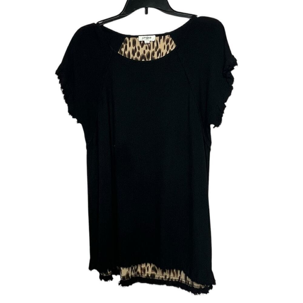 Umgee Women's Black Short Sleeve Leopard Linen Blend Tunic Top Size Small
